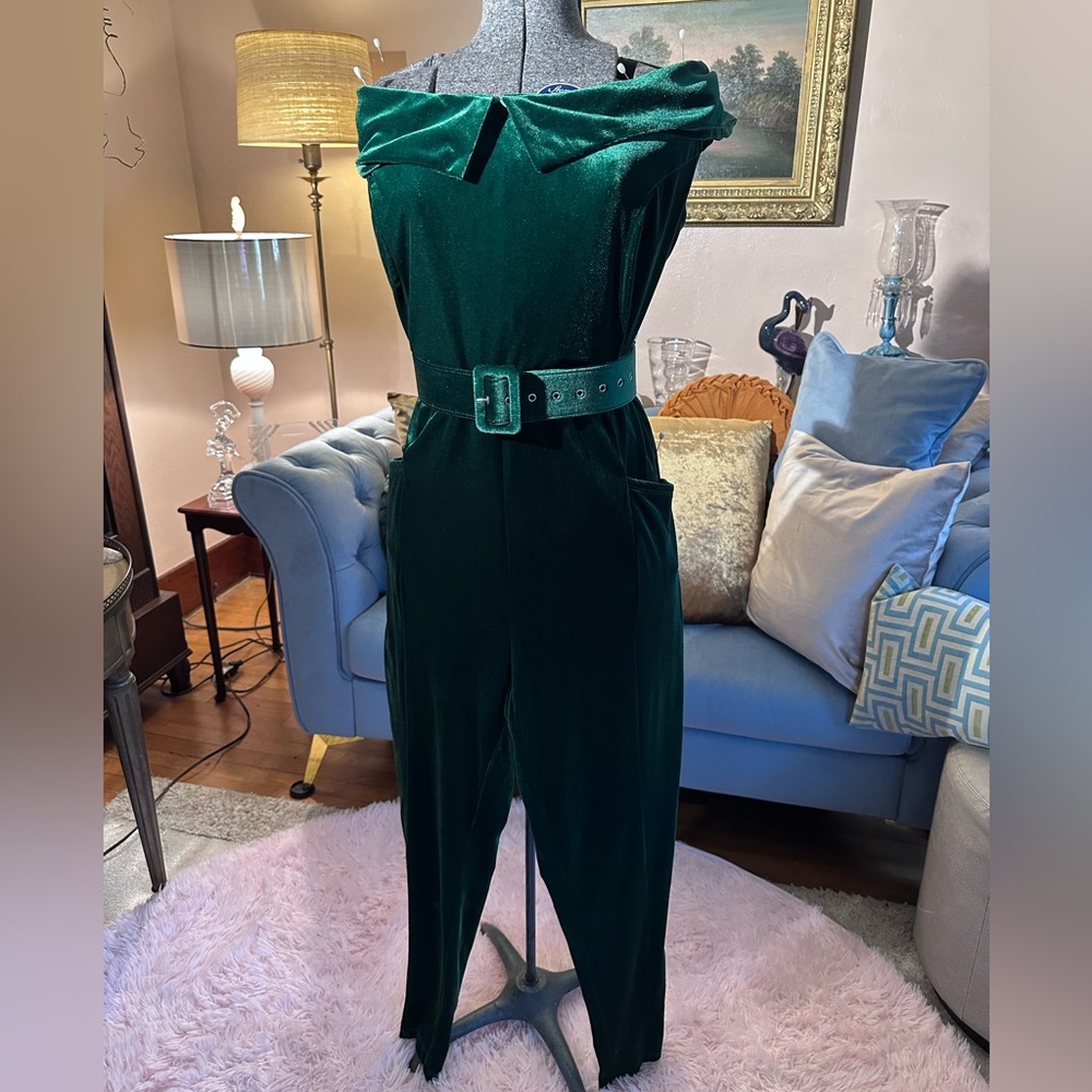 Unique Vintage Emerald Velvet Jumpsuit with Belt
